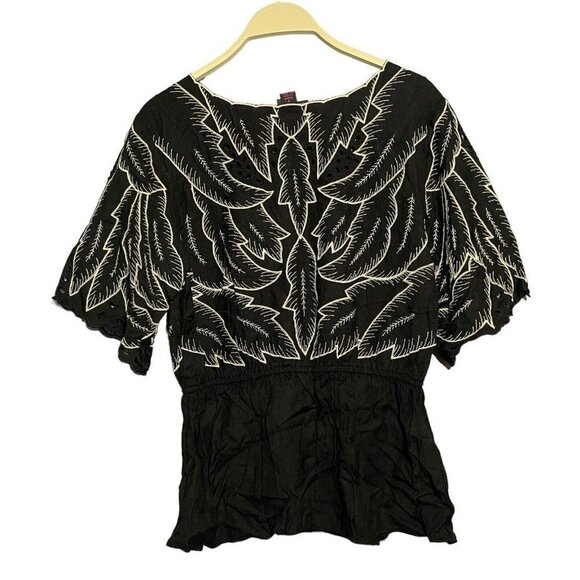 Anthropologie Maple Odd Rubies Blouse Women Sz 8 Black Embroidery Leaf Wide Boho - Picture 2 of 12